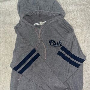 Victoria Secret Pink Brand Grey Hoodie with Navy Stripes